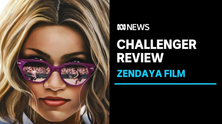 Challenger Review, Zendaya Film: A drawing of a woman wearing sun glasses. Two different tennis players reflected in each lense.