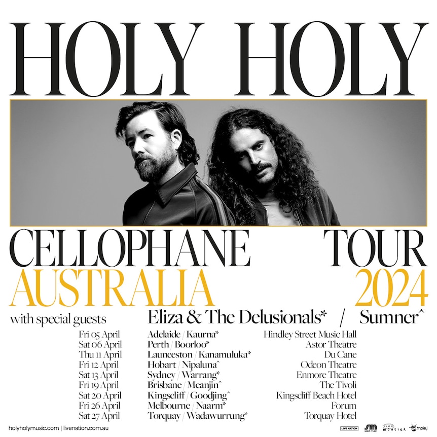 A white poster for Holy Holy's Australian tour with a black and white photo and black and yellow text.