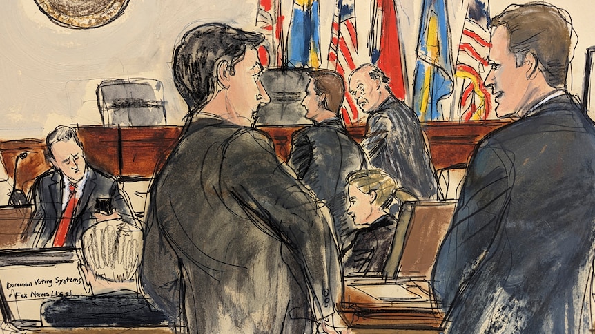 A court sketch of men chatting in a courtroom 