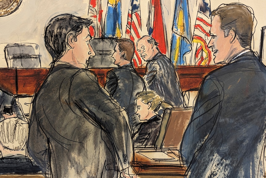 A court sketch of men chatting in a courtroom 