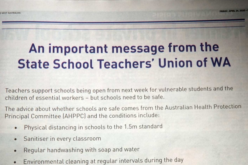 A newspaper advert titled "an important message from the state school teachers union of WA".
