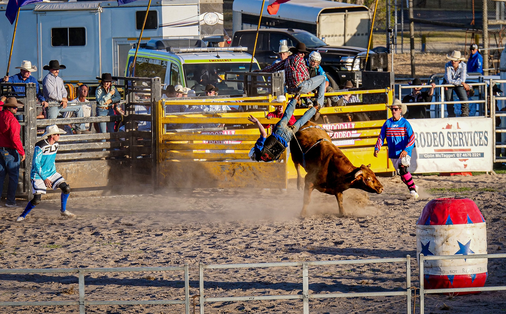 Upside down falling off bull