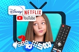 A colourful graphic featuring a TV icon, a teen girl, a remote, and ABC, SBS, Nine, Seven, Netflix, Disney+ and other logos.