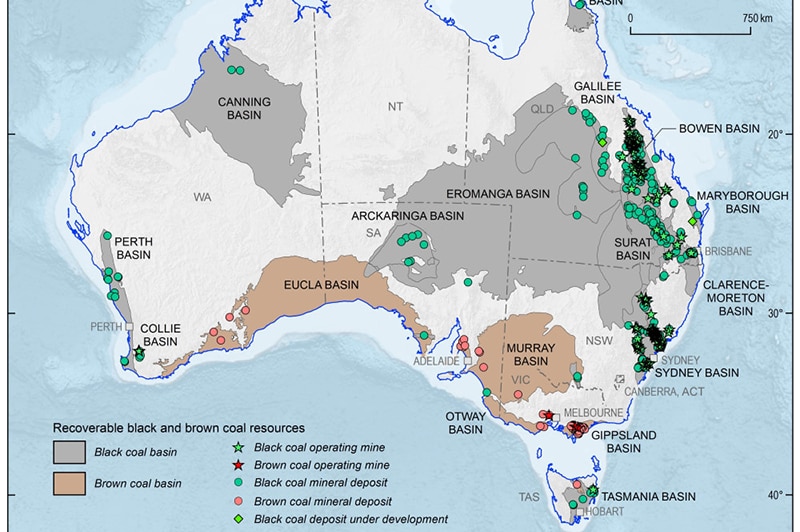 A map from 2017 of Australia outlining brown and black coal resources.