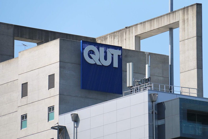 Sign on top of one of the Queensland University of Technology (QUT) buildings at Gardens Point in Brisbane's CBD