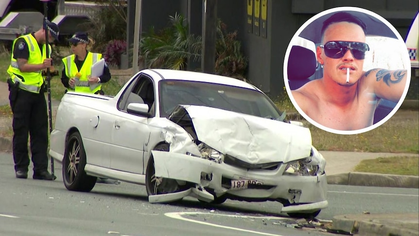 Julian Stewart-Smith and a photo of the ute he was allegedly driving, showing the damage after the crash