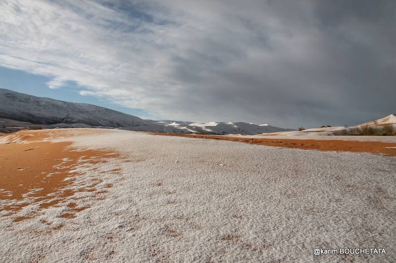 Snow fall on the sand dunes of the Sahara