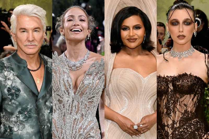 A composite image of Baz Luhrmann, Jennifer Lopez, Mindy Kaling and Emma Chamberlain at the 2024 Met Gala. 