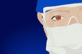 An up-close shot of a heathcare worker sweating under PPE
