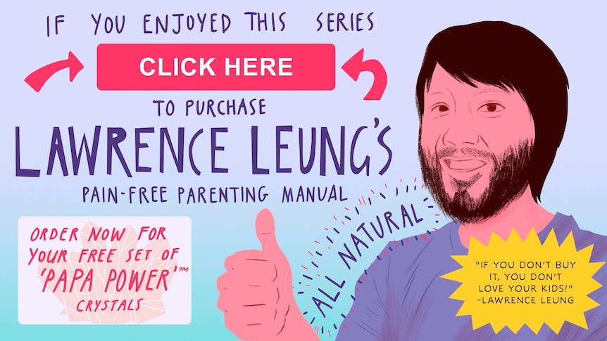 Illustration of Lawrence Leung imitating dubious online advertisement for story on finding accurate parental information online