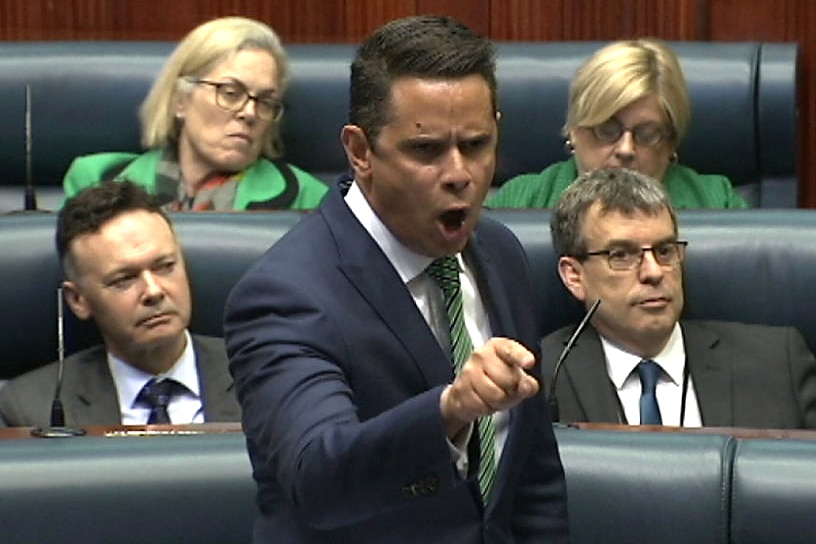 Ben Wyatt shouts and points his finger, surrounded by other seated MPs in the WA Legislative Assembly.