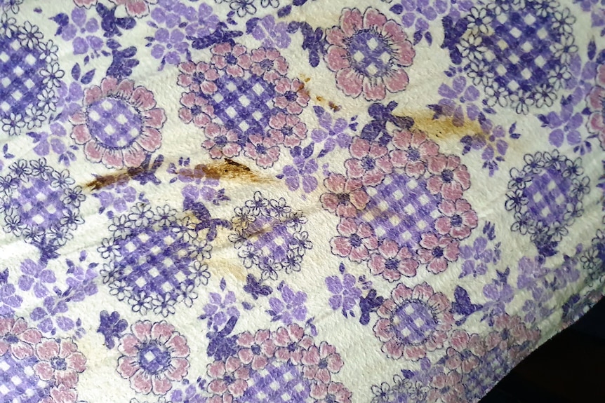 A purple floral bedsheet smeared with faeces.