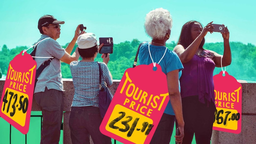A photo of ageing tourists taking photos has been overlaid with large hand-drawn price tags marked with 'tourist prices'