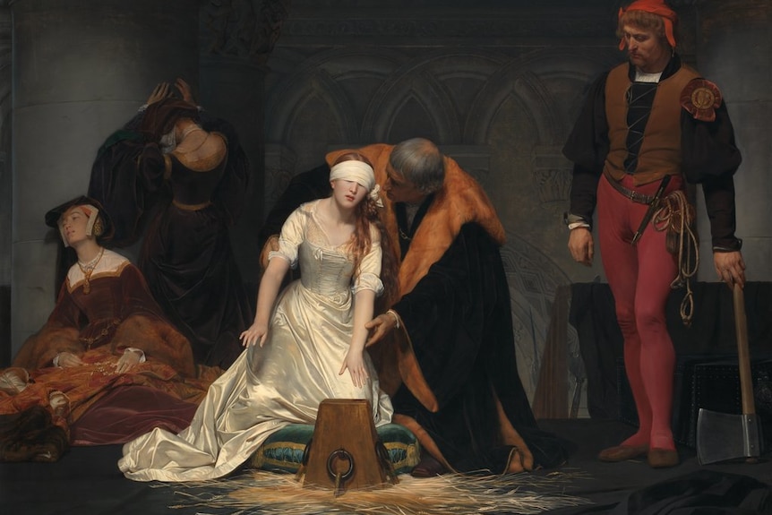 A painting of a woman being put on her knees before a block by a man dressed in robes.