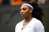 Serena Williams looks with a neutral expression on her face