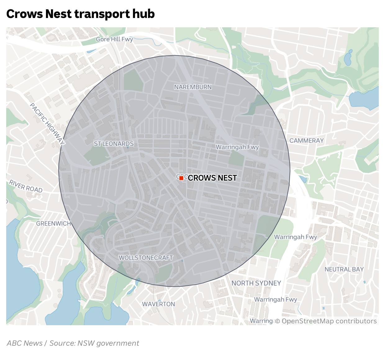 Map showing 1200m zone around Crows Nest station.