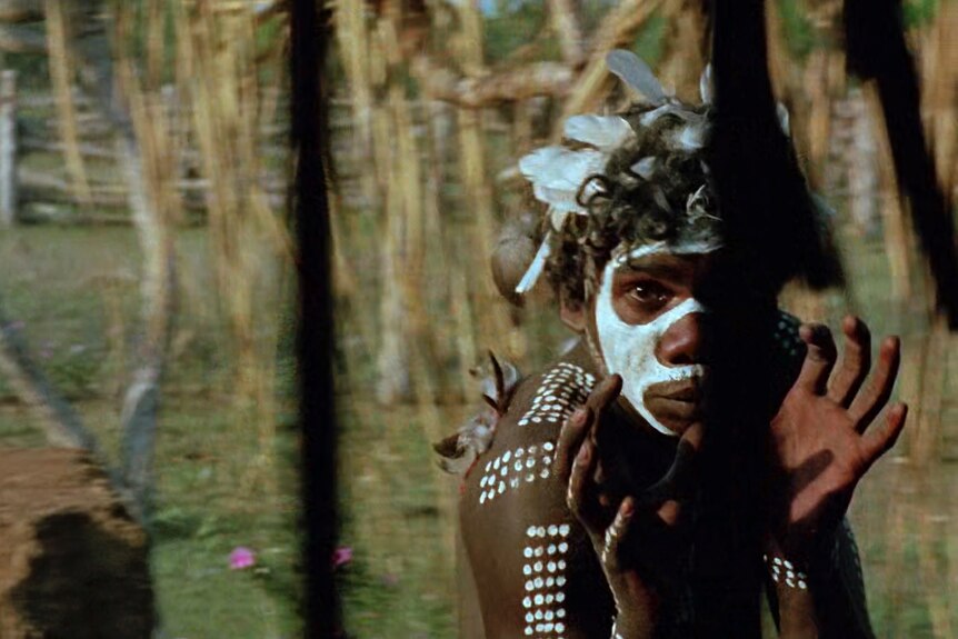 Actor David Dalaithngu, an young Yolngu man in traditional paint dancing, in the 1971 film Walkabout