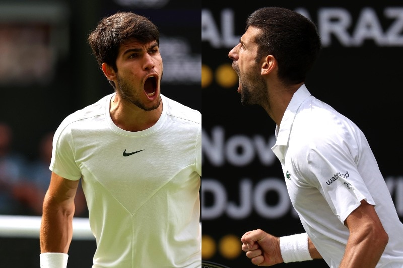 Composite image of Carlos and Novak Djokovic shouting at Wimbledon.