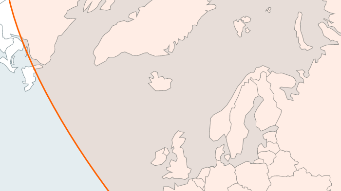 Red shaded area shows the range of North Korea's ICBMs. Most of Europe is within range.