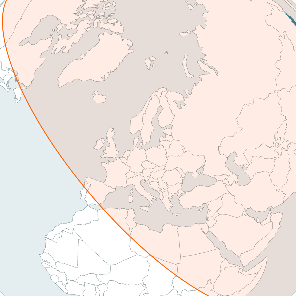 Red shaded area shows the range of North Korea's ICBMs. Most of Europe is within range.