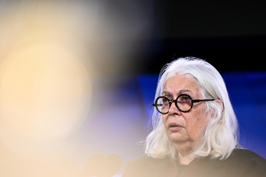 Marcia Langton wears glasses with a blue background