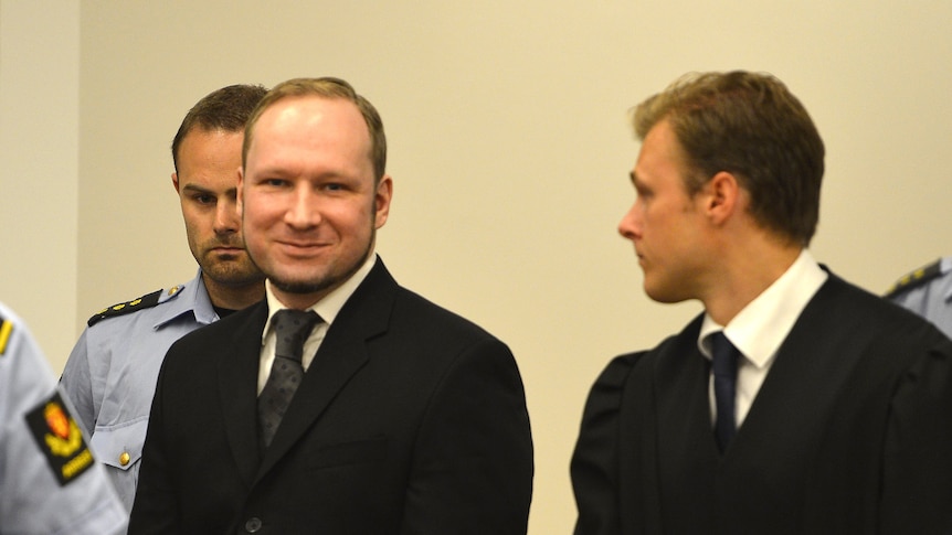 Self confessed mass murderer Anders Behring Breivik arrives in court room 250 at Oslo central court on August 24, 2012.