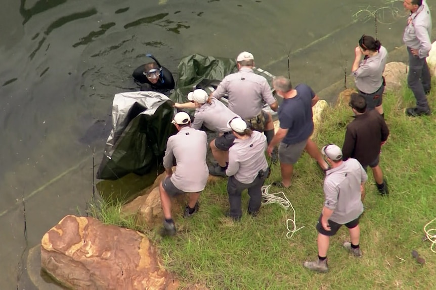 Several people holding a large tarpaulin, dragging it out of some water.