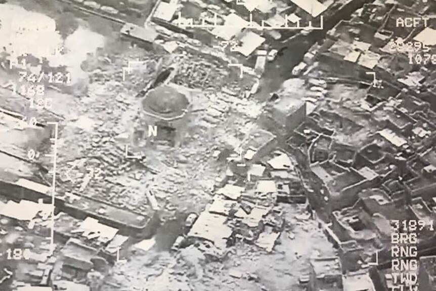 Black and white aerial image showing destruction of Grand al-Nuri Mosque of Mosul