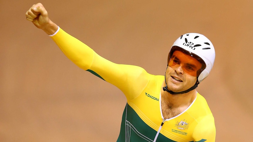 Australia's Jack Bobridge celebrates after winning the 4,000m individual pursuit event in Glasgow
