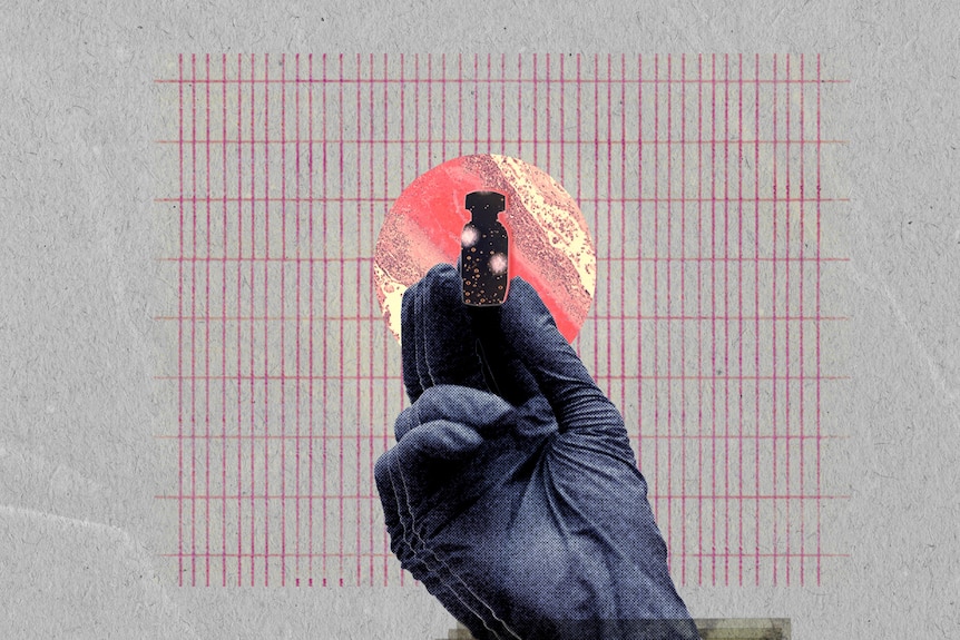 On grey background with red grid, a purple gloved hand holds up small vial, behind it is circular bacteria image.