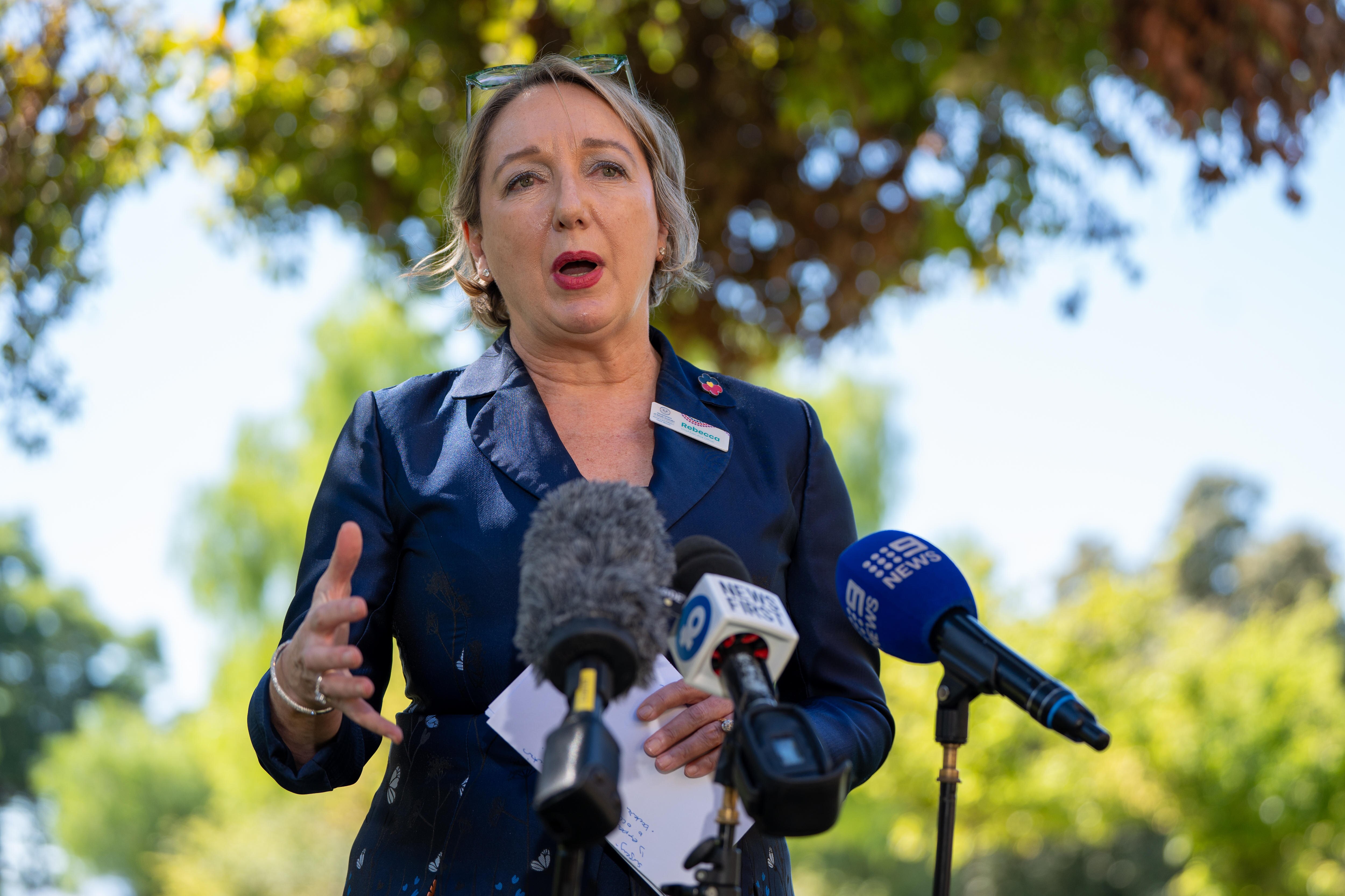 Rebecca Graham speaks as she stands behind a group of news microphones