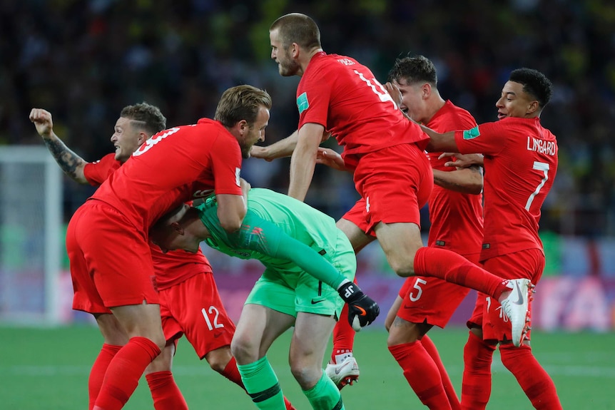 Jordan Pickford and Eric Dier celebrate England's shootout win