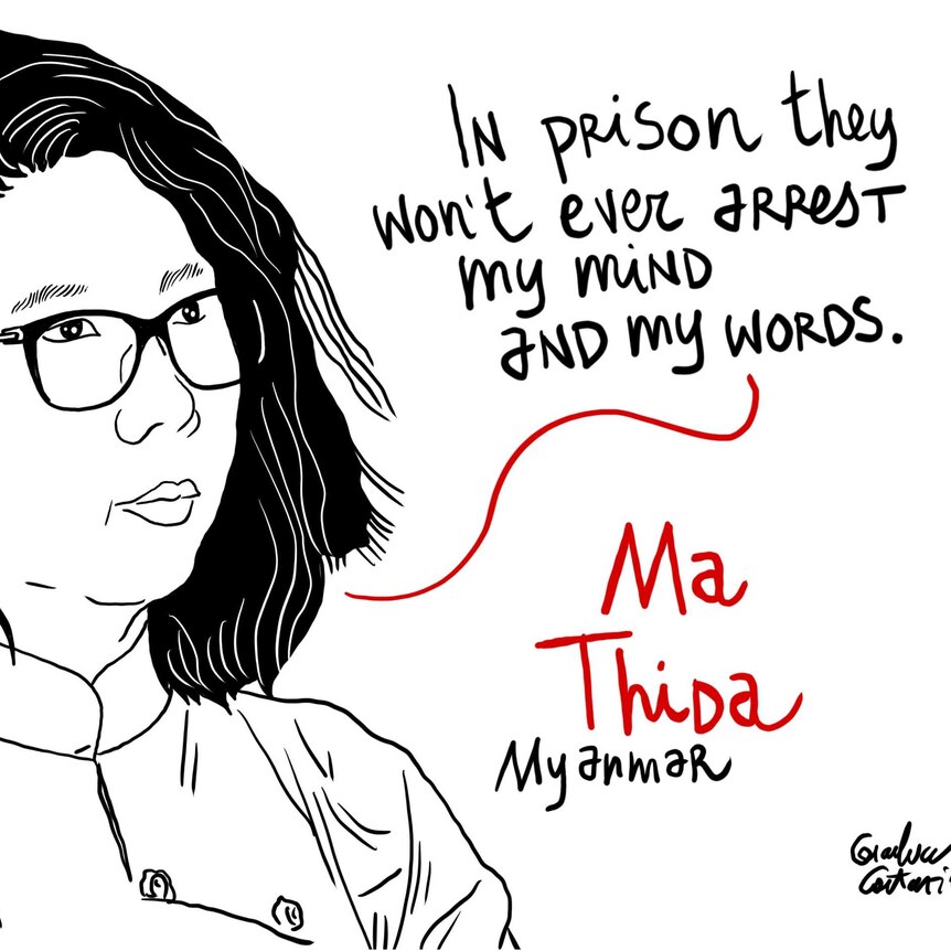 A drawing of a woman with glasses and a caption "In prison they wont' ever arrest my mind and my words"