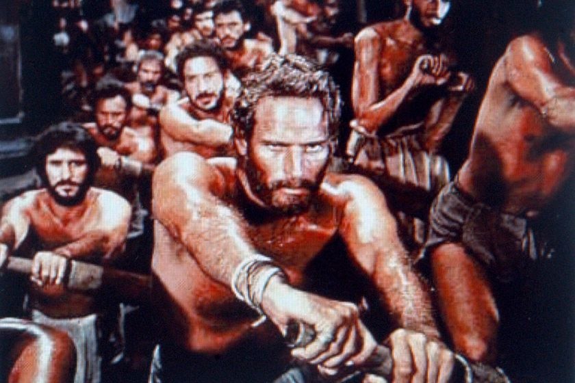 Charlton Heston rows as a slave in a scene from Ben Hur