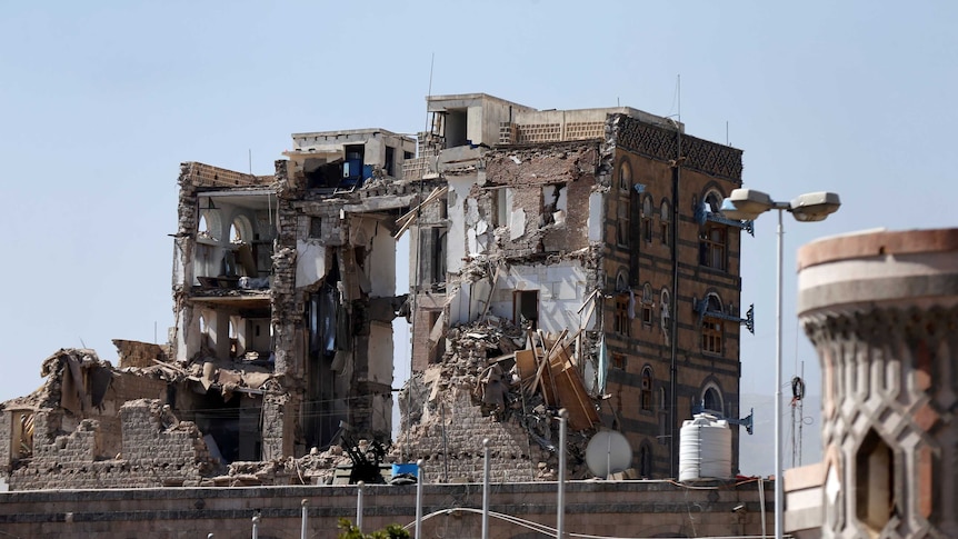 A view of the Republican Palace is seen after it was hit by air strikes in Sanaa.