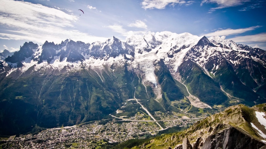 Paragliding over Mont Blanc (meaning "white mountain") in the European Alps.