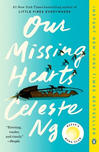 The book cover of Our Missing Hearts by Celeste Ng, blue background, feather and birds