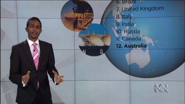 ABC Presenter Jeremy Fernandez stands in front of graphic image of globe with numbered list of nations, Australia at number 12