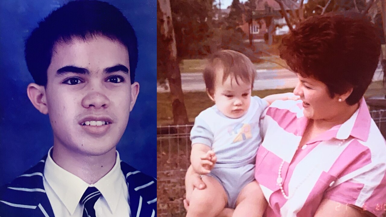 Split screen Jamie Teh as a child held by his mother and Jamie as teenager in school uniform photo