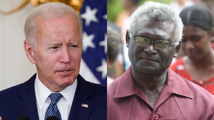 A composite of photos of US President Joe Biden and Solomon Islands Prime Minister Manasseh Sogavare.