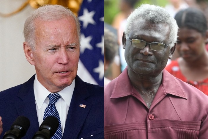 A composite of photos of US President Joe Biden and Solomon Islands Prime Minister Manasseh Sogavare.