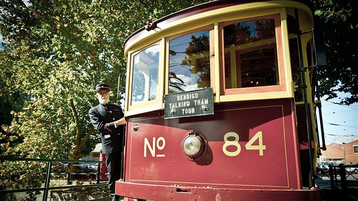 A Bendigo Talking Tram with volunteer tram driver Frank Steel.