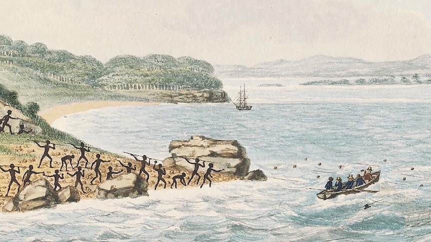 Painting shows Indigenous people with spears on shore, men with guns in small boat