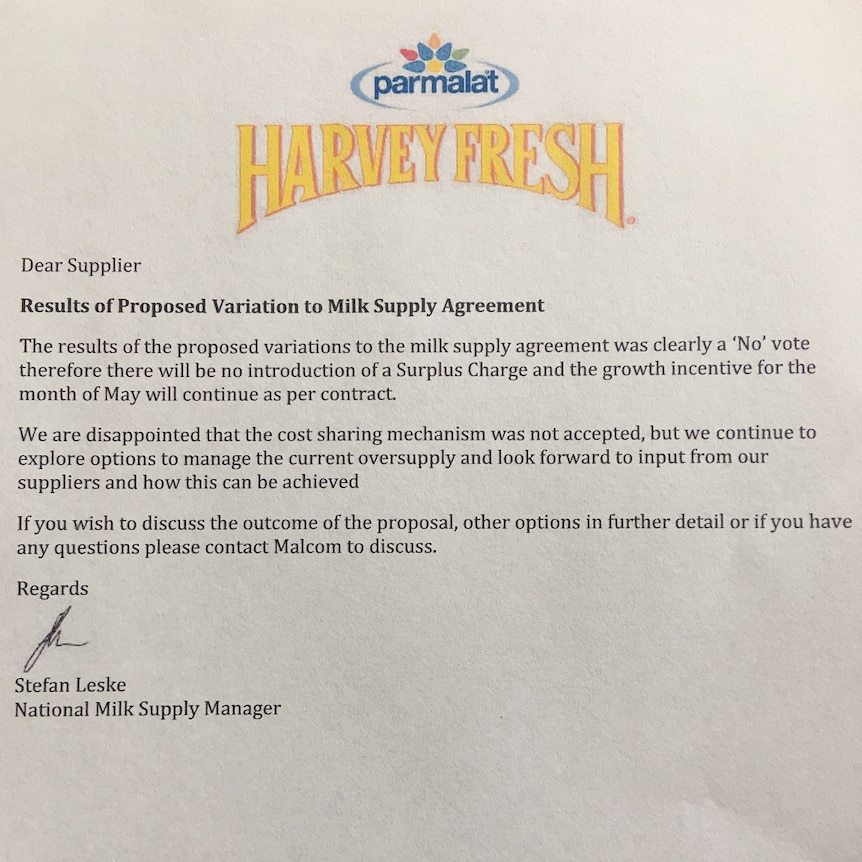 The statement from milk processor Harvey Fresh