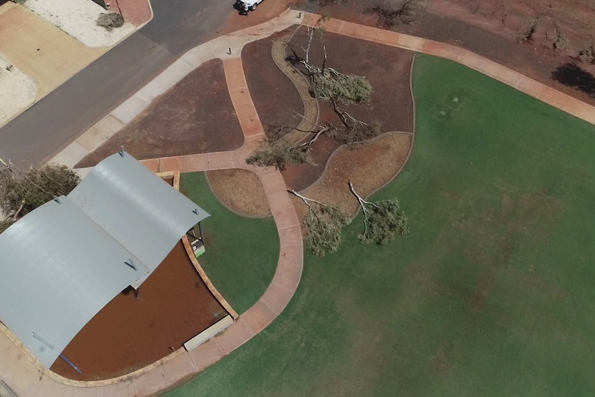 Drone footage shows trees felled in a red-earthed town.