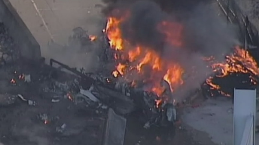 Aerial footage shows plane crash site at a shopping centre near Essendon Airport (Courtesy Channel 9)