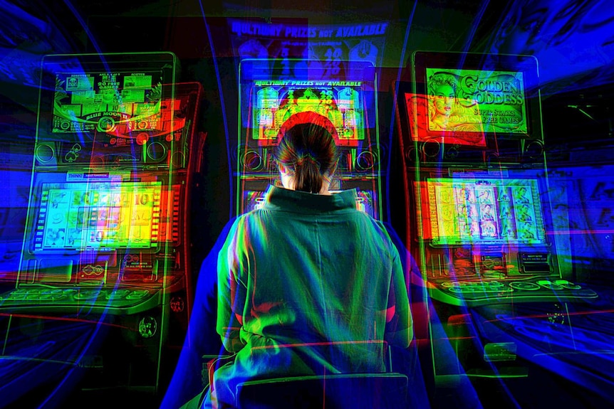 A distorted picture of a woman playing the pokies.