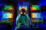 A distorted picture of a woman playing the pokies.