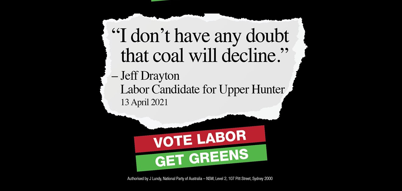 A website says "I don't have any doubt that coal will decline" says Jeff Drayton Labor candidate for the Upper Hunter