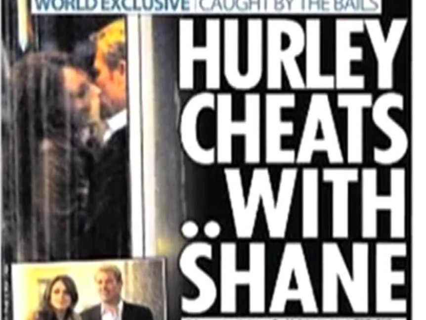 Front page of the News of the World newspaper showing Shane Warne kissing Liz Hurley